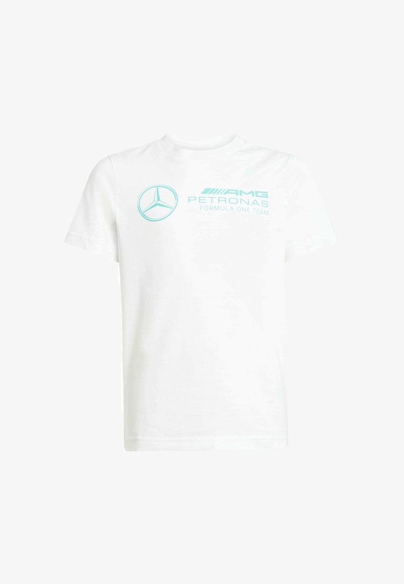 Biela bavlnená tričko s potlačou svetlomodrého loga Mercedes a textom "AMG PETRONAS FORMULA ONE TEAM", okrúhly výstrih, krátke rukávy.
