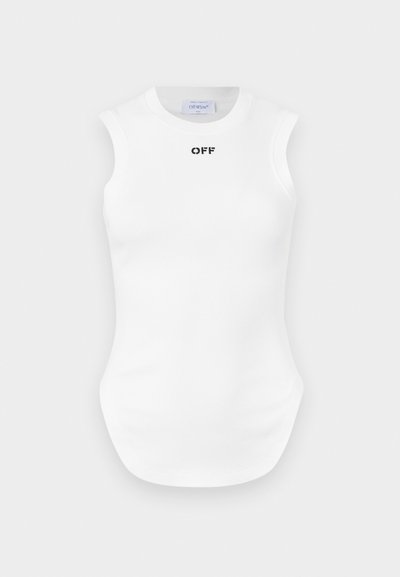 Top bianco senza maniche a coste con scollatura rotonda, caratterizzato da scritte nere "OFF" sul petto. Texture liscia, design aderente e spacchi laterali.