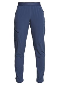 Pantalons de randonnée bleu marine en mat�ériau flexible, dotés de poches latérales et d'une ceinture élastique confortable. Coupe slim avec design sans couture.
