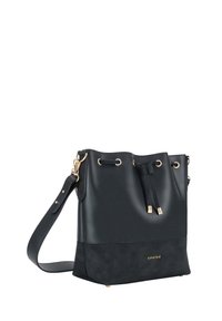 Sac seau en cuir noir avec bandoulière réglable, œillets et ferrures dorés, et fermeture à cordon.
