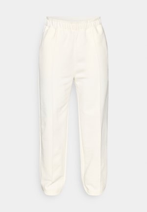 White, lightweight sweatpants with an elastic waistband, tapered legs, side seams, and a smooth, matte texture.