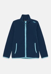 Donkerblauwe fleece jas met lichtblauwe rits, zakranden en manchetten, voorzien van een rechtopstaande kraag en een wit "CMP" logo op de borst.