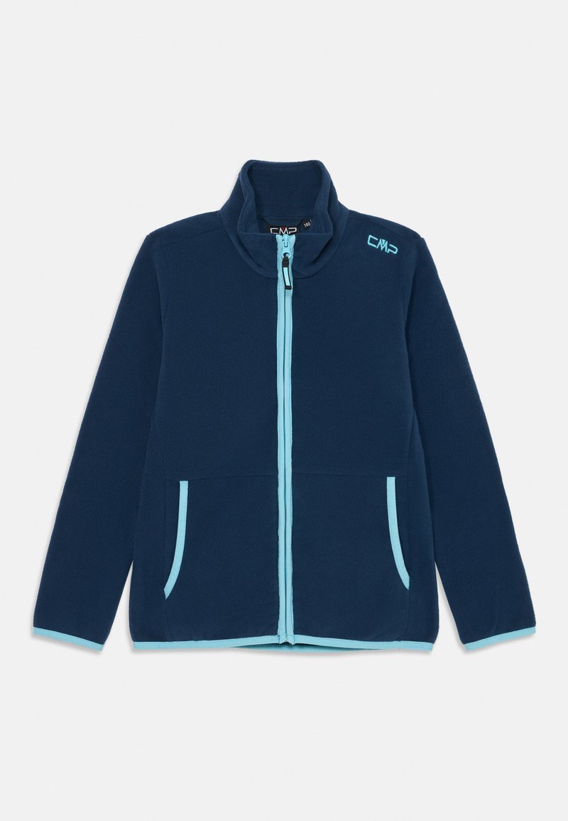 Donkerblauwe fleece jas met lichtblauwe rits, zakranden en manchetten, voorzien van een rechtopstaande kraag en een wit "CMP" logo op de borst.
