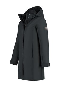 Manteau long noir imperméable avec capuche, fermeture éclair sur le devant et boutons pression, poignets ajustables et un petit écusson logo sur la manche gauche.