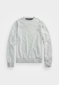 Hellgrauer Pullover aus weicher Baumwolle mit Rundhalsausschnitt, langen Ärmeln, gerippten Bündchen und einem kleinen Logo auf der Brust.