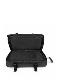 Schwarze Reisetasche mit Rollen und einem offenen Reißverschlussfach, ausgestattet mit einer glatten Oberfläche, Stofffutter und einem Innennetzfach zur Organisation.