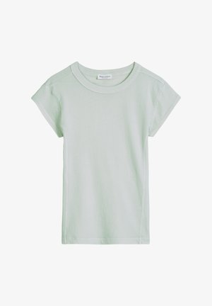 T-shirt vert clair à manches courtes et col rond, avec une petite étiquette de marque cousue à l'intérieur du col.