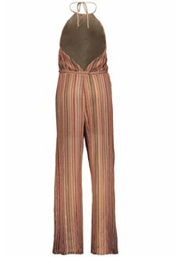 Tuta a righe con scollatura halter, schiena scoperta, gambe larghe e una miscela di toni terrosi. Realizzata in tessuto leggero con una finitura testurizzata.