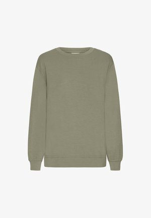 Oliivroheline sweatshirt, mis on valmistatud puuvillast, ümara kaelusega, pikkade varrukatega ja kergelt tekstureeritud kangaga. Lihtne disain, mingeid mustreid ei ole.