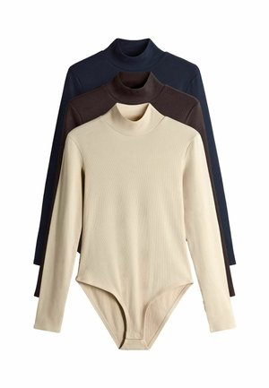 Drei Langarmbodysuits in Beige, Dunkelbraun und Marineblau, mit einem Stehkragen und gerippter Textur, mit Druckknopfverschluss am Boden.