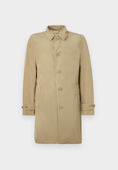 Beige lichtgewicht jas met knoopsluiting, puntige kraag, zijzakken en verstelbare manchetten met knopen. Soepele textuur.