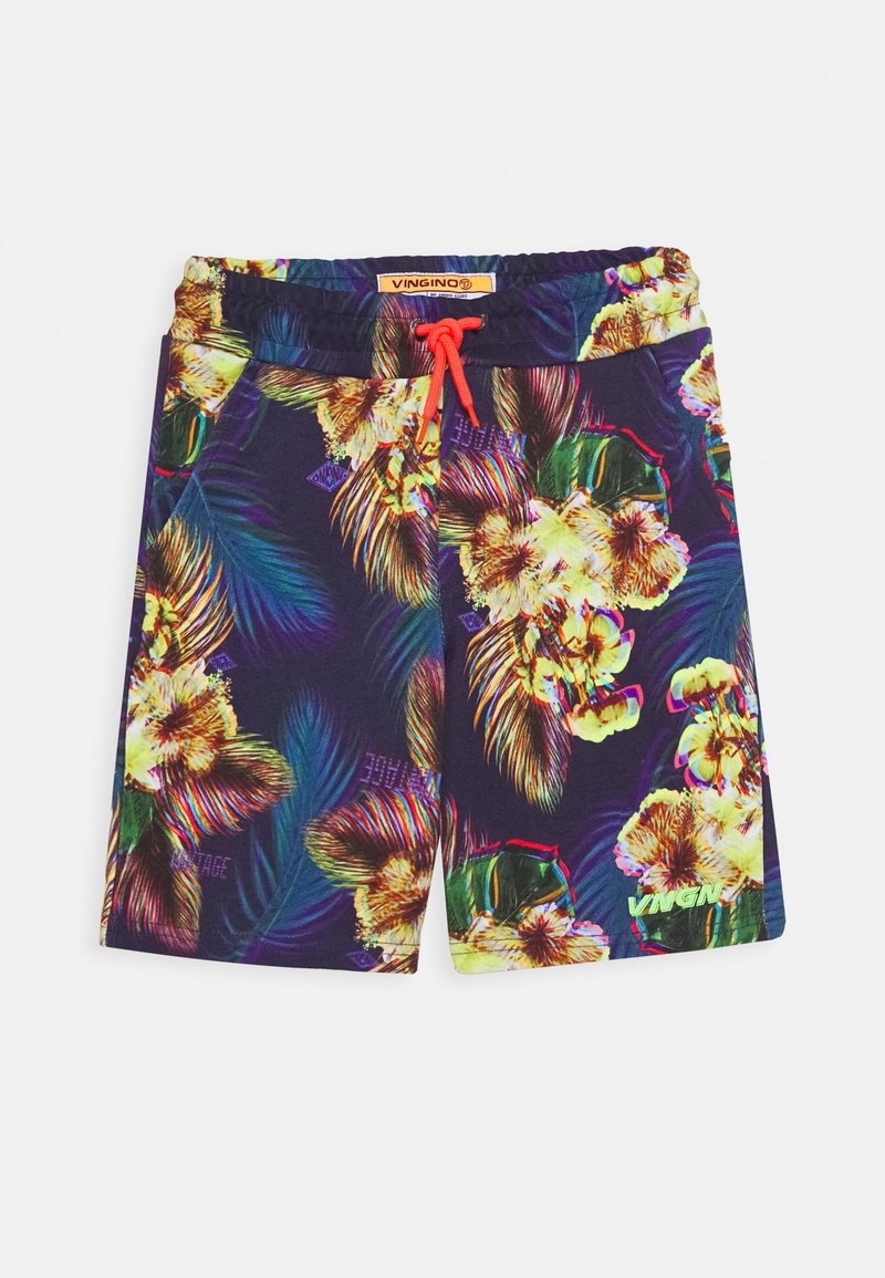 Shorts de bain navy avec un imprimé floral tropical vif. Dotés d'une taille élastique avec un cordon rouge et un accent logo vert.