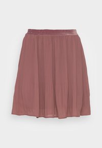 Jupe plissée jusqu'aux genoux de couleur mauve douce, avec une texture légère et translucide et une ceinture veloutée.