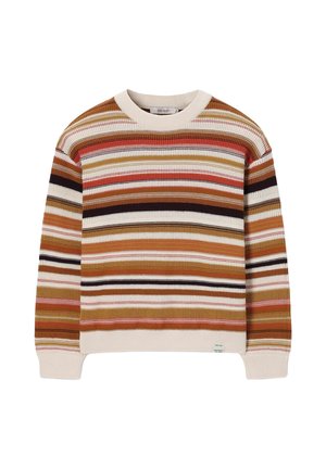 Pull en tricot à manches longues avec des rayures horizontales dans des tons beige, marron, rouge et noir, avec poignets et ourlet côtelés.