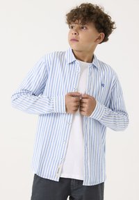 Gestreepte blouse in lichtblauw en wit met een relaxte pasvorm. Heeft lange mouwen, een logo op de borst en een gebogen onderkant.