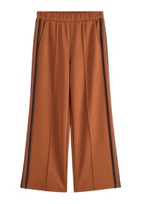 Pantaloni larghi marroni con vita elasticizzata e strisce laterali nere, dotati di tasche laterali.