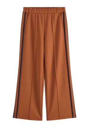 Pantaloni larghi marroni con vita elasticizzata e strisce laterali nere, dotati di tasche laterali.