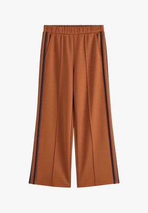 Brune vidde bukser med elastisk talje og sorte sidelister, der har sidelommer.