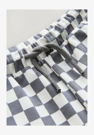 Katoenen shorts met een geruit patroon in grijs en wit, voorzien van een elastische tailleband en grijze trekkoorddetails.