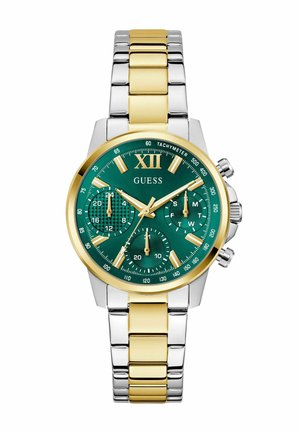 Montre chronographe avec un cadran vert, des index en or, et un bracelet en métal bicolore argent et or. Présente des sous-cadrans et un tachymètre.