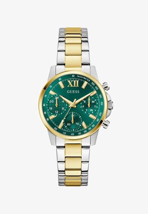Chronograph watch with a green dial, gold-tone hour markers, and a two-tone silver and gold metal bracelet. Features subdials and tachymeter.