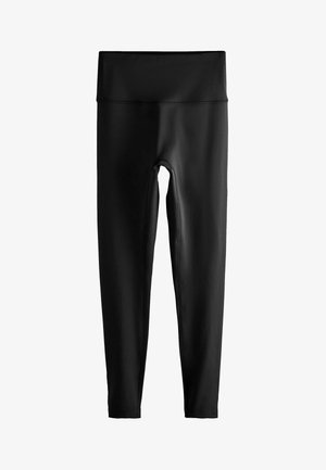 Zwarte leggings gemaakt van glad, rekbaar materiaal met een hoge tailleband. Heeft een aansluitend ontwerp en geen zichtbare naden of patronen.