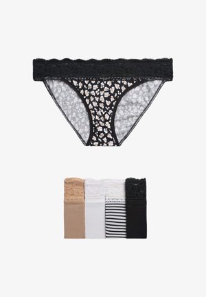 Bragas negras con encaje floral y diseño transparente. Incluye un paquete de cuatro bragas lisas y a rayas con cinturas de encaje en varios colores.