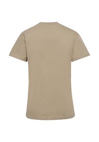 Beige bomulds T-shirt med rund hals, korte ærmer og lige kant. Glat tekstur uden synlige mønstre eller hardware.
