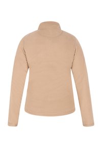 Beige Fleecejacke mit hohem Kragen und langen Ärmeln. Glatte Textur, einfaches Design und keine sichtbaren Beschläge oder Muster.