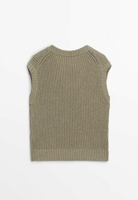 Khaki udenærmet strikket top med ribbet kant og struktureret stingmønster. Designet med indsyede skuldre og rund halsudskæring.