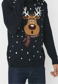 Marinblått stickat tröja med en rendesign med horn, en scarf och snöflingemönster i vitt och beige. Mysig textur med ribbad nederkant.