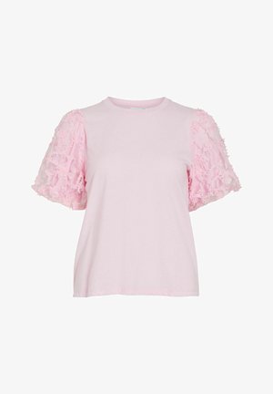 Lyserød kortærmet top med rund hals og gennemsigtige pufærmer dekoreret med teksturerede blomsterapplikationer.