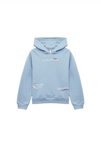Sudadera con capucha de color azul claro, hecha de algodón, que presenta gráficos de texto: "Cada día un nuevo look", "1985", "Ponte en estilo" y "Elegante".