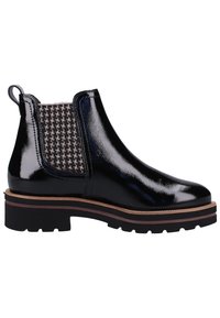 Botte Chelsea en cuir verni noir avec semelle épaisse et panneau élastique à motif pied-de-poule, dotée d'une languette de tirage au talon.