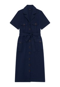 Vestido camiseros azul marino con mangas cortas, botones frontales, cinturón en la cintura, dos bolsillos en el pecho y detalles en botones marrones. Tejido texturizado.