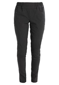 Black, fitted trousers made from a smooth fabric, featuring an elastic waistband and two side zipper pockets. Classic design with tailored look.