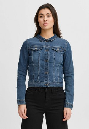 Blue denim cropped jacket with button front, two chest pockets, and long sleeves. Features stitched detailing and classic collar design.