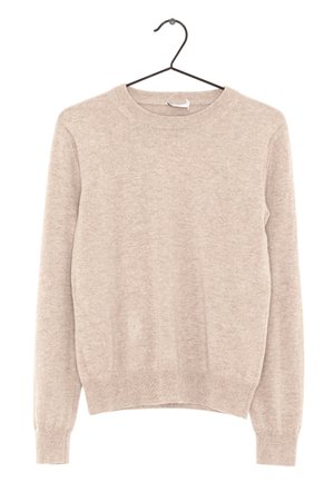 Pull beige à manches longues avec col rond, poignets et ourlet côtelés, suspendu à un cintre métallique noir sur fond blanc.