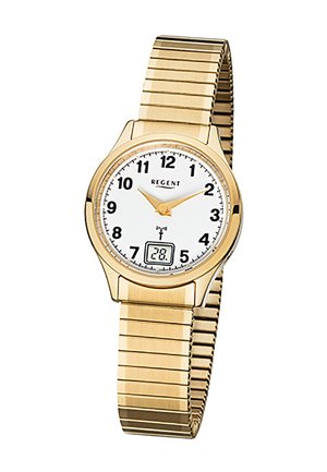 Montre-bracelet analogique dorée avec cadran blanc, chiffres arabes noirs, aiguilles dorées, affichage numérique de la date indiquant 28, et bracelet métallique flexible.