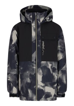 Giacca invernale con un design astratto in nero, grigio e bianco, dotata di zip frontale, cappuccio e dettagli con bottoni a pressione. Realizzata in tessuto resistente e texture.
