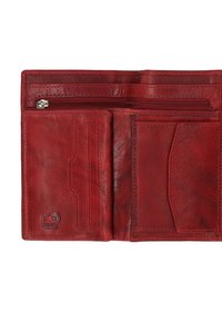 Red leather wallet with a zippered pocket, multiple card slots, and RFID protection. Features smooth and textured finishes.