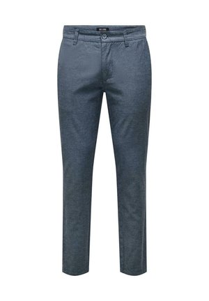 Mænds mørkeblå bomuldsbukser med lige pasform, ensfarvet, med forlommer og knaplukning. Glat tekstur og enkelt design.