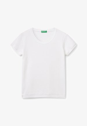 T-shirt bianco in cotone con maniche corte, scollatura rotonda, bordi a coste e orlo dritto. Etichetta visibile nell'area interna del collo.