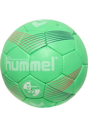 Green handball with hexagonal panels, featuring red and blue stripes. Displays "hummel" logo prominently and has a valve at the bottom.