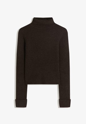 Maglione a collo alto marrone a coste con maniche lunghe e polsini arrotolati; realizzato in tessuto testurizzato; lunghezza cropped.