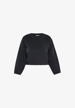 Sort langærmet cropped sweatshirt med rund hals og løs pasform vist på hvid baggrund.