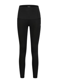 Zwarte legging gemaakt van rekbare stof, met een hoge tailleband en een slank ontwerp. Geen patronen of zichtbare hardware-elementen.