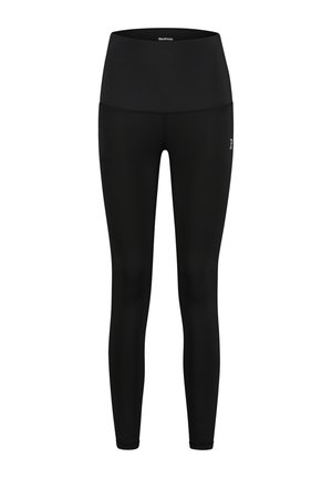 Black leggings made from stretchy fabric, featuring a high waistband and a sleek design. No patterns or visible hardware elements.