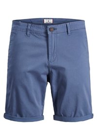 Světlé modré bavlněné šortky s knoflíkovým zapínáním a ohrnutými lemy. Mají klasický design s poutky na opasek a jemným texturovaným povrchem.