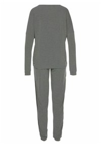 Gray loungewear set featuring a long-sleeve top with a wide neckline and matching tapered pants. Soft, smooth fabric with relaxed fit.
